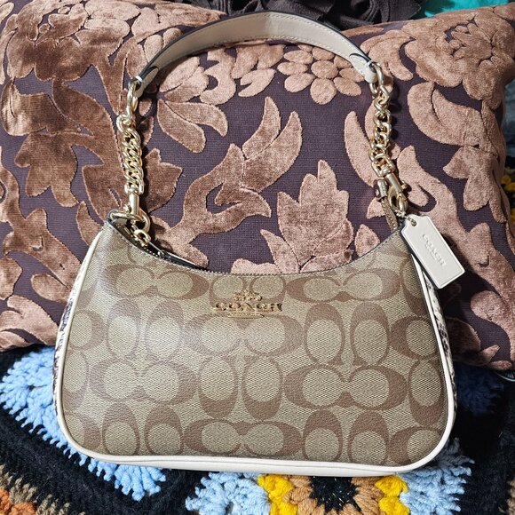 Coach Teri Shoulder Bag Purse In Signature Canvas and Embossed Snakeskin - Picture 1 of 8